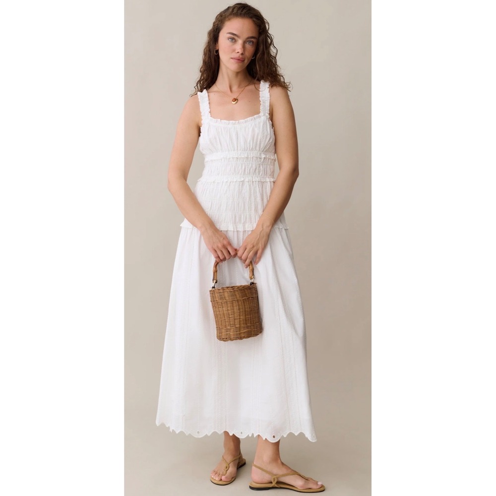 O.P.T One Pretty Time White Smocked Ruffle Midi Dress T25WDRS09660 Small NWT